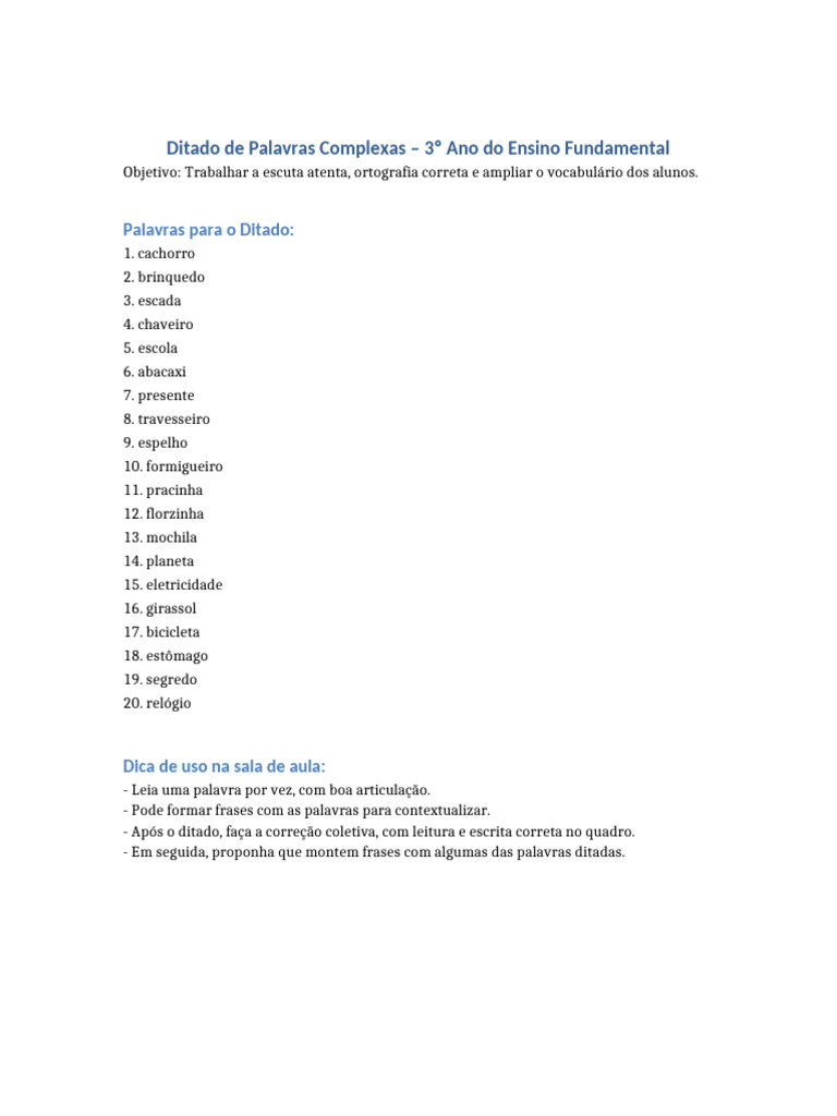 Ditado de Palavras Complexas - 3º Ano | PDF