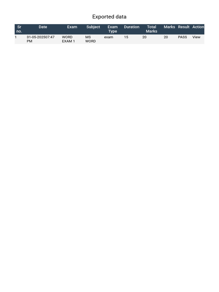 Exported Data: SR No. Date Exam Subject Exam Type Duration Total Marks ...