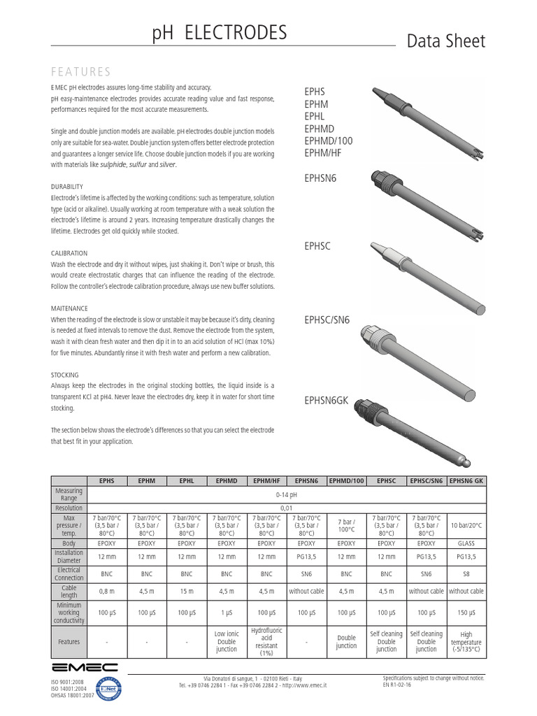 EMEC pH Electrode Specifications | PDF | Ph | Applied And ...