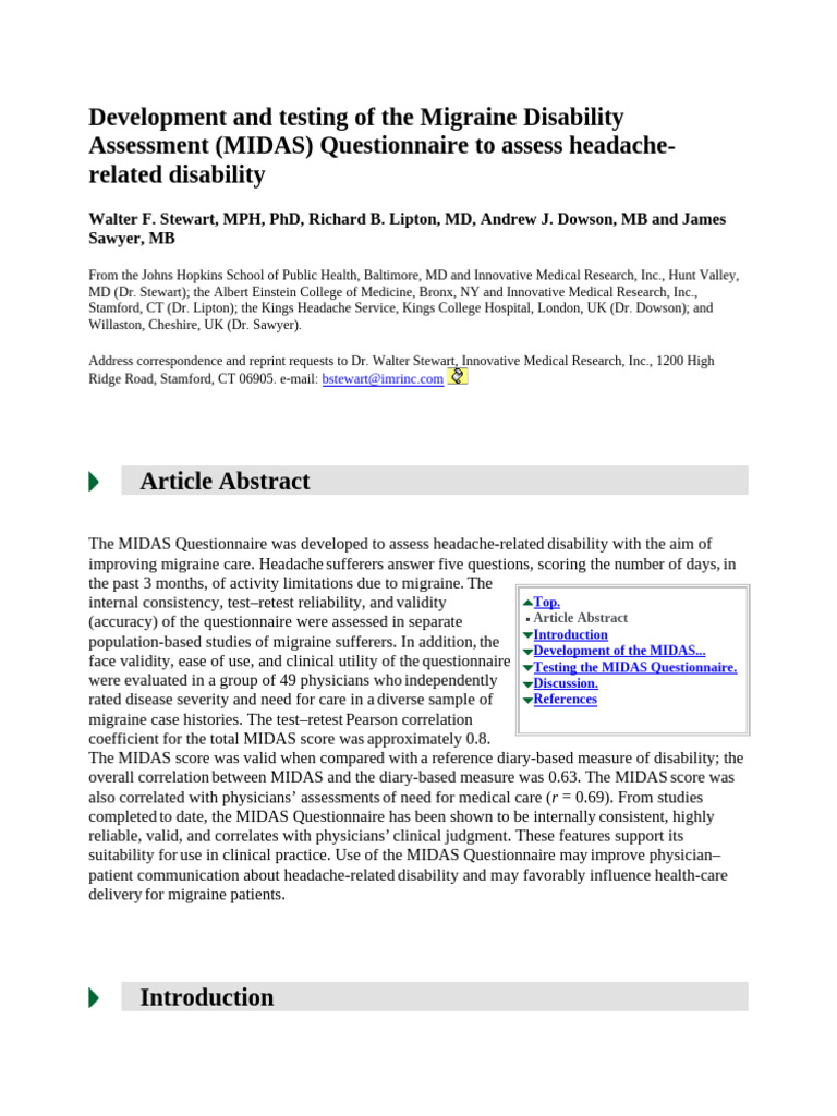 Development and Testing of The Migraine Disability Assessment (MIDAS ...