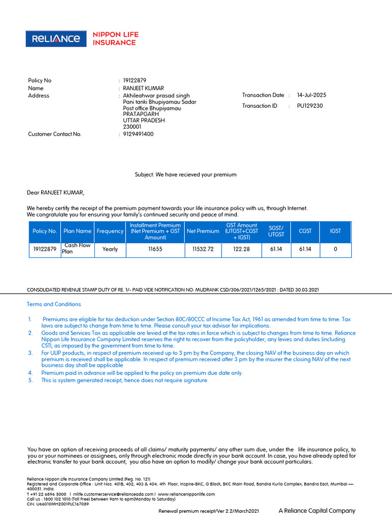 Life Insurance Premium Receipt 19122879 | PDF | Insurance | Taxes