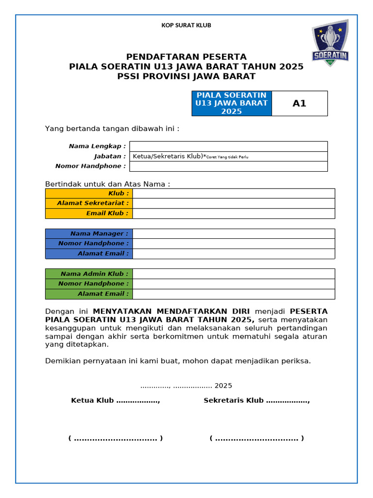 Pendaftaran Peserta Piala Soeratin U13 2025 | PDF
