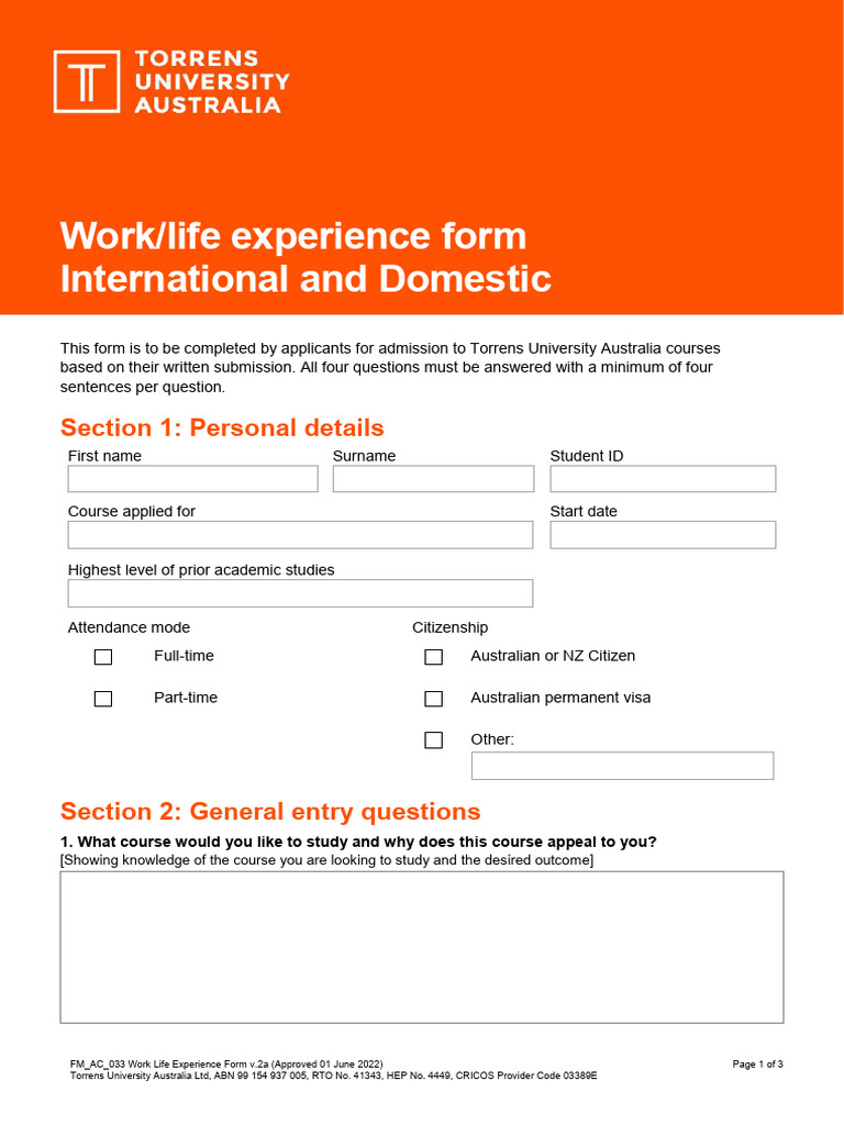Work Life Experience Form TUA FM AC 033 1 3 | PDF | Health Care ...