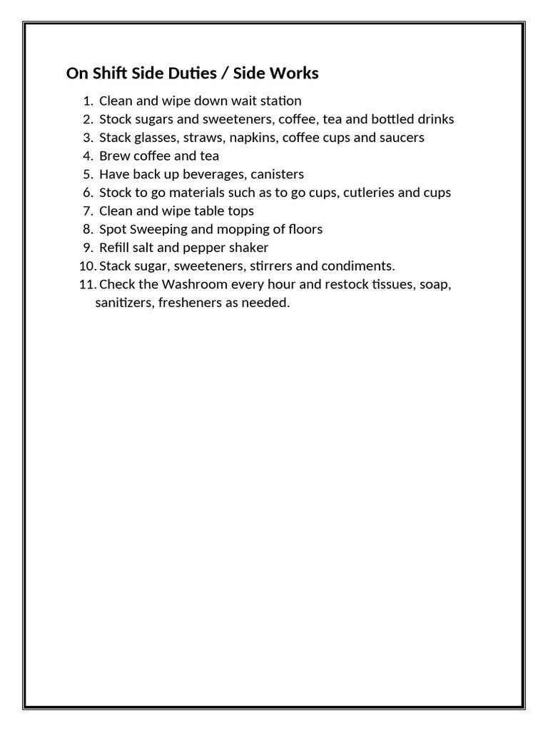 Shift Side Duties Checklist | PDF