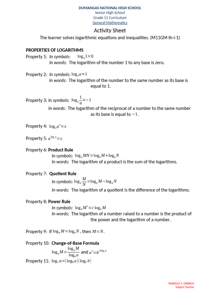 Logarithmic Properties for Grade 11 | PDF | Logarithm | Numbers