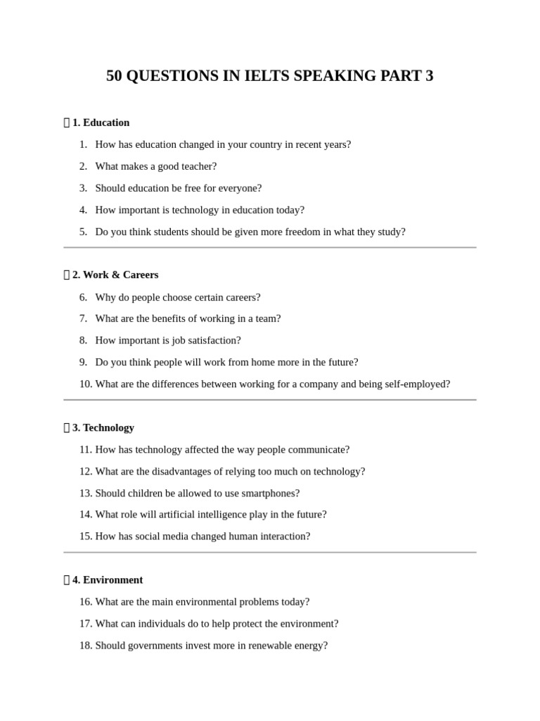 Top 50 IELTS Speaking Part 3 Questions | PDF