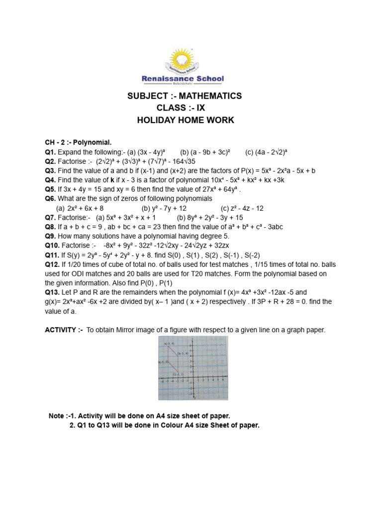 Holiday Homework Class 9 | PDF