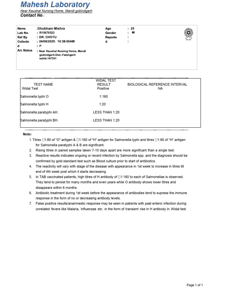 Positive Widal Test Report for Typhoid | PDF