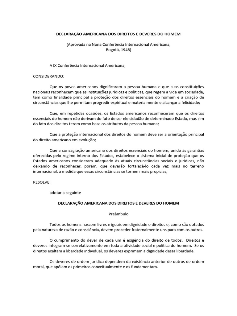 Declaração Americana Dos Direitos e Deveres Do Homem | PDF | Liberdade ...