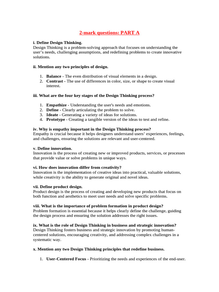 2-Mark Questions: Part A | PDF | Design Thinking | Creativity