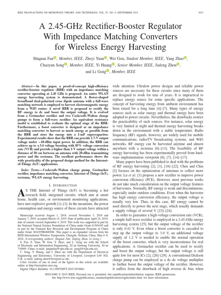 2.45 GHz Rectifier-Booster for IoT Energy Harvesting | PDF | Rectifier ...