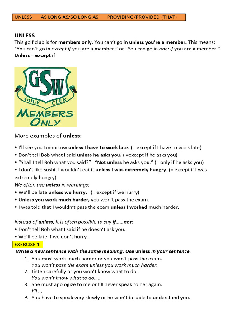 Unless As Long As Worksheet | PDF