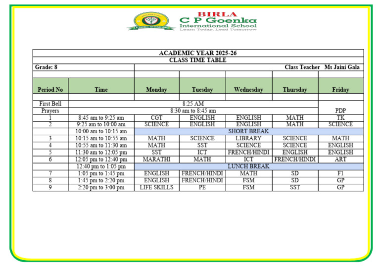 Grade 8 Class Time Table 2025-26 | PDF