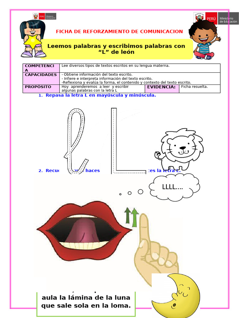 Reforzamiento Com Leemos y Escribimos Palabras Con L de Leon | PDF