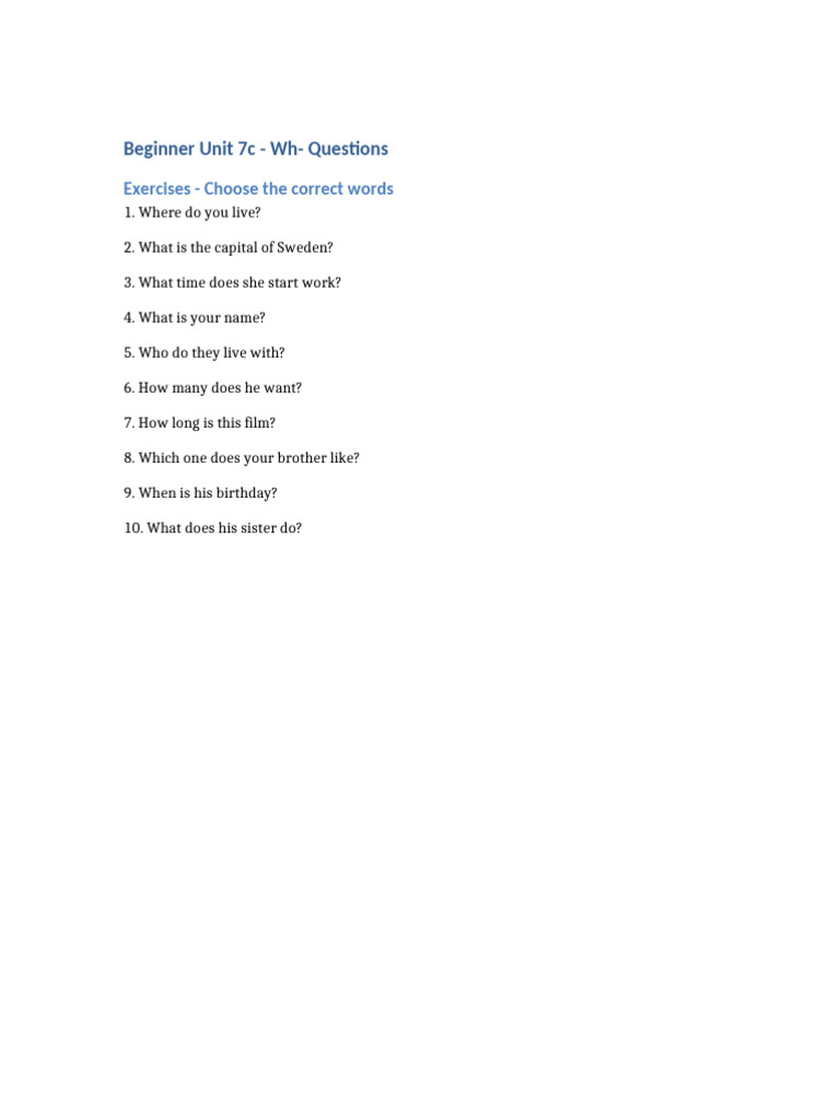 Beginner Unit 7c WH Questions | PDF