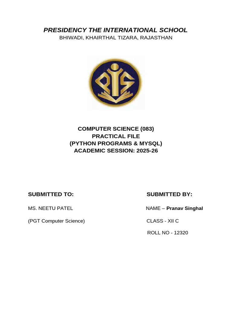 Pranav Singhal's CS Practical File | PDF | Text File | Email Address