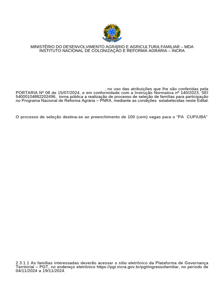 Seleção de Famílias para PNRA 2024 | PDF | Reforma agrária
