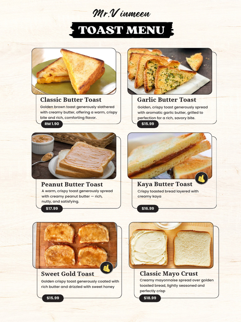 Mr. Vinmeen's Toast Menu Highlights | PDF | Peanuts | Breads