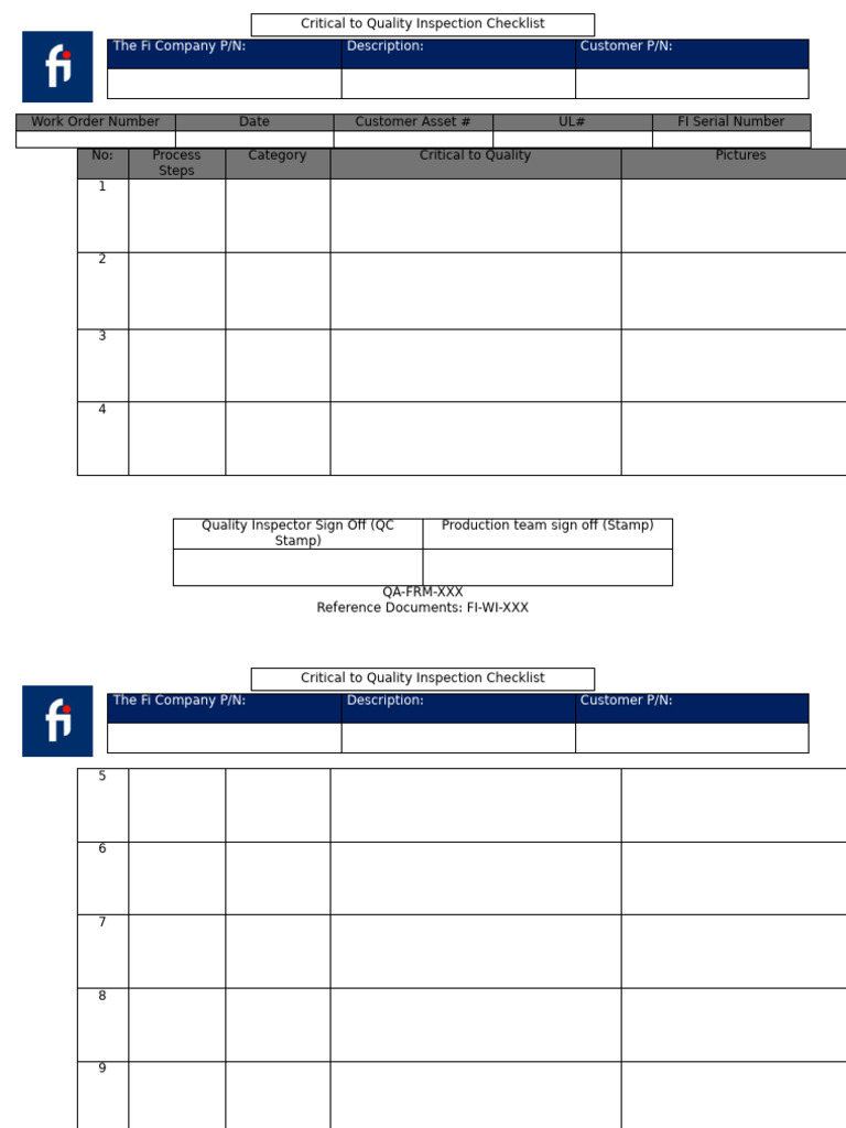 QA FRM XXX Inspection Checklist | PDF