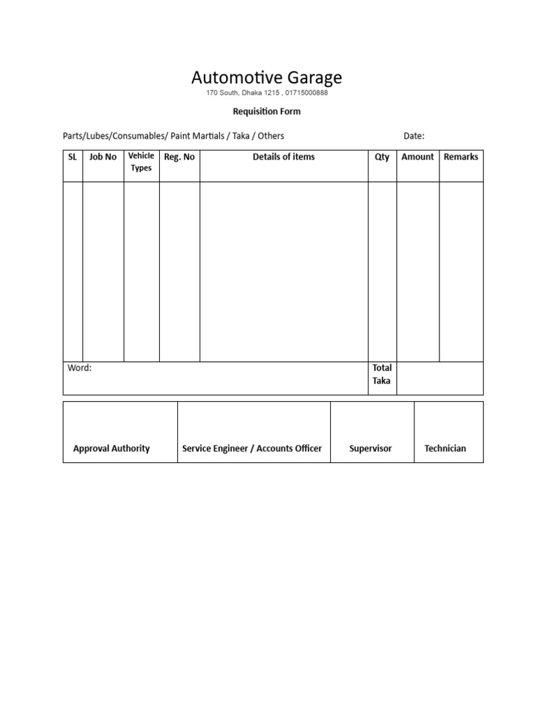 Automotive Garage Requisition Form | PDF