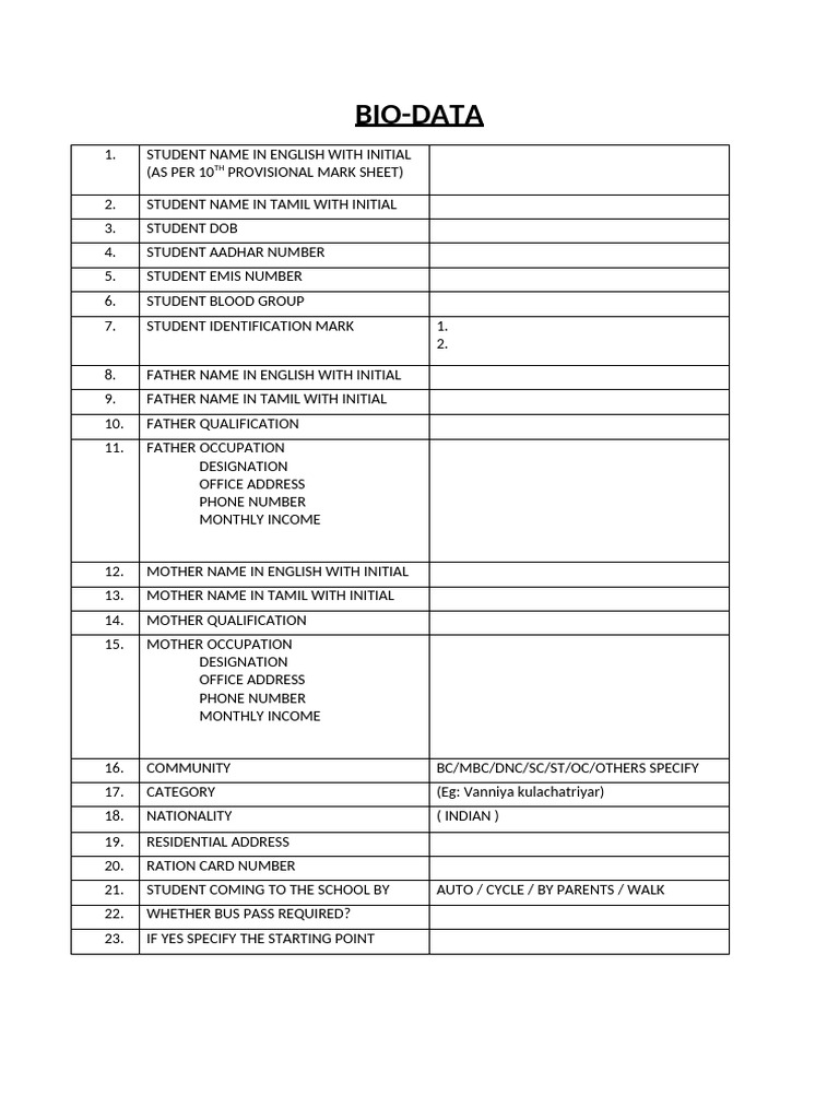 Student Bio-Data Format Template | PDF