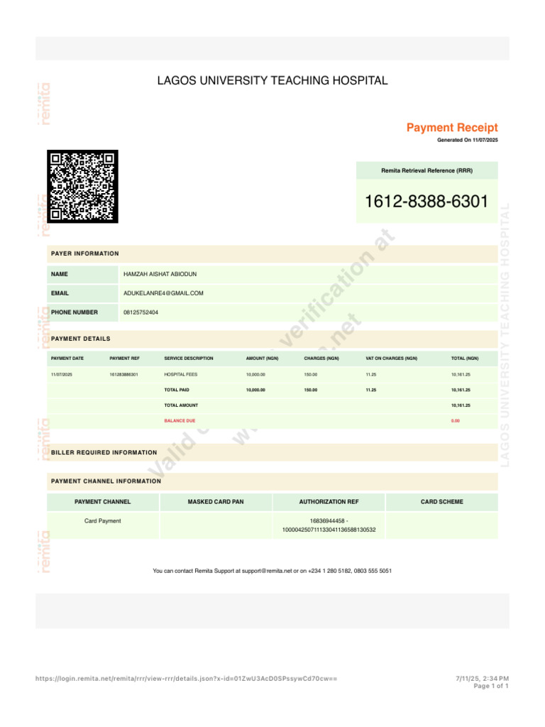 Valid Remita Receipt for Hospital Fees | PDF | Receipt | Payments