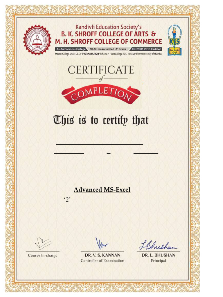 Advanced MS-Excel Certificate Earned | PDF
