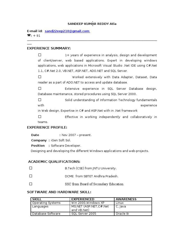 Software Developer Resume - C# & ASP.NET | PDF | Microsoft Sql Server ...