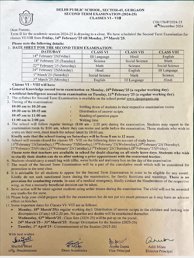TERM 2 Datesheet | PDF
