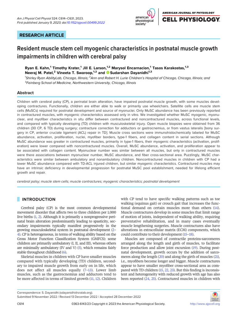 Muscle Stem Cell Impairments in CP | PDF | Skeletal Muscle | Analysis ...