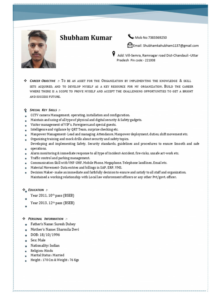 Security Supervisor Resume of Shubham Kumar | PDF | Closed Circuit ...