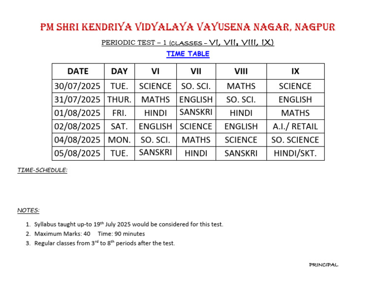 2025 Periodic Test Time Table for Classes VI-IX | PDF