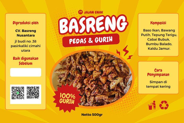 Label Kemasan Kuning Basreng Pedas | PDF
