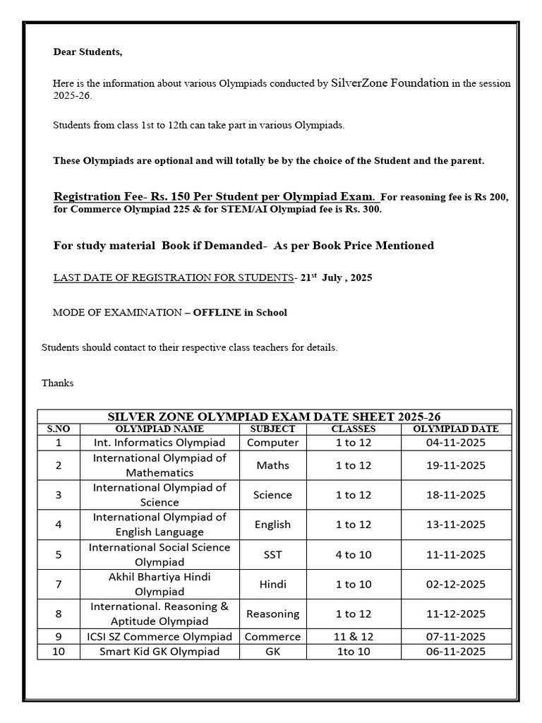 SilverZone Olympiad Dates 2025-26 | PDF