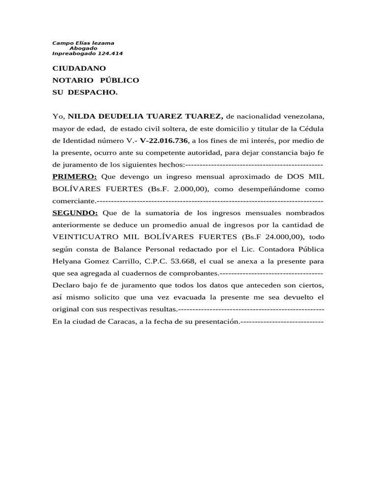 Declaración Jurada de Ingresos en Venezuela | PDF