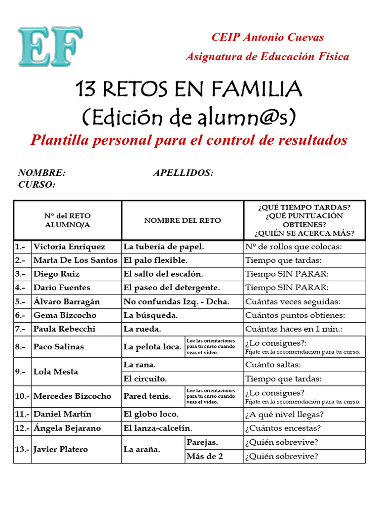 Retos Divertidos en Familia para Educación Física | PDF