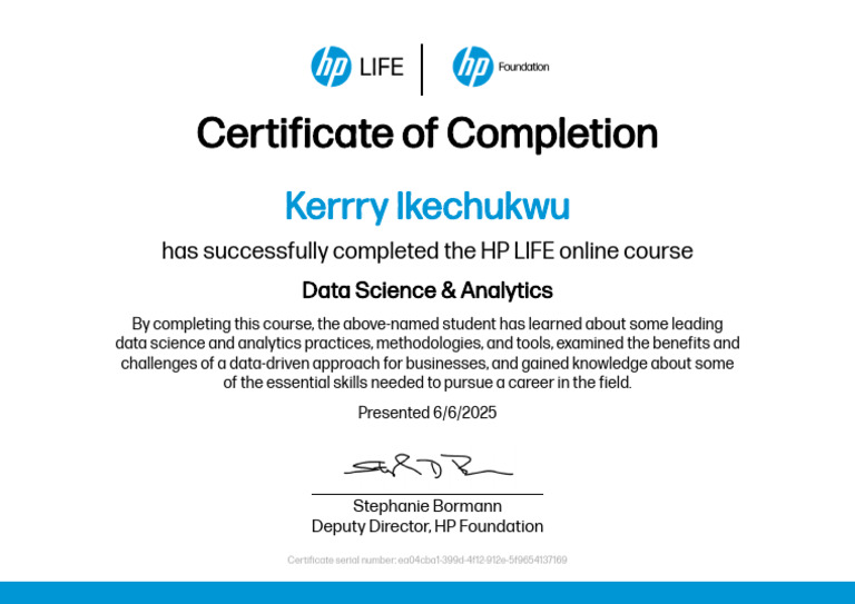 HP LIFE Data Science Course Certificate | PDF