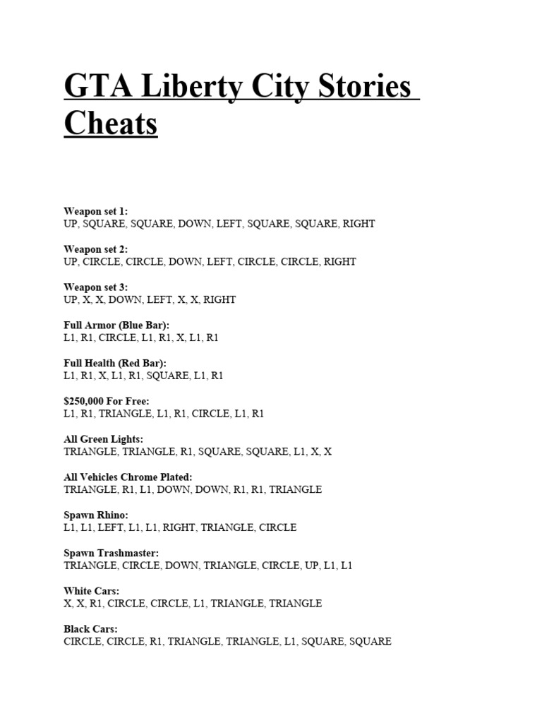 GTA Liberty City Stories Cheat Codes PDF Vehicles