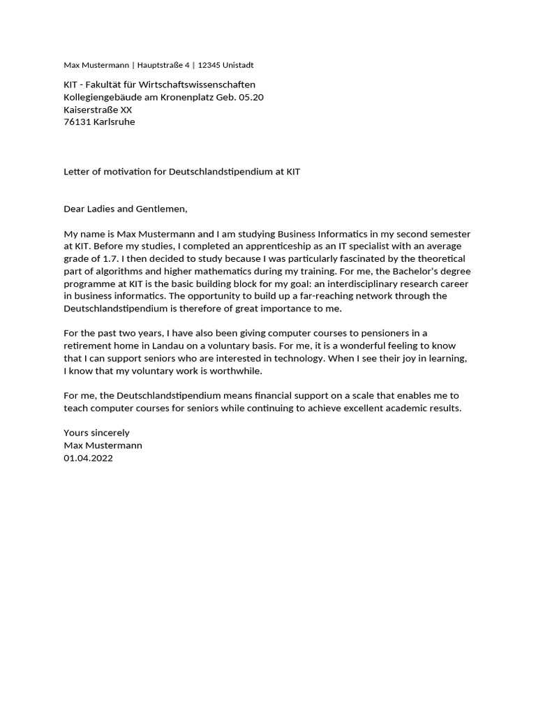 Deutschlandstipendium Letter of Motivation Template | PDF