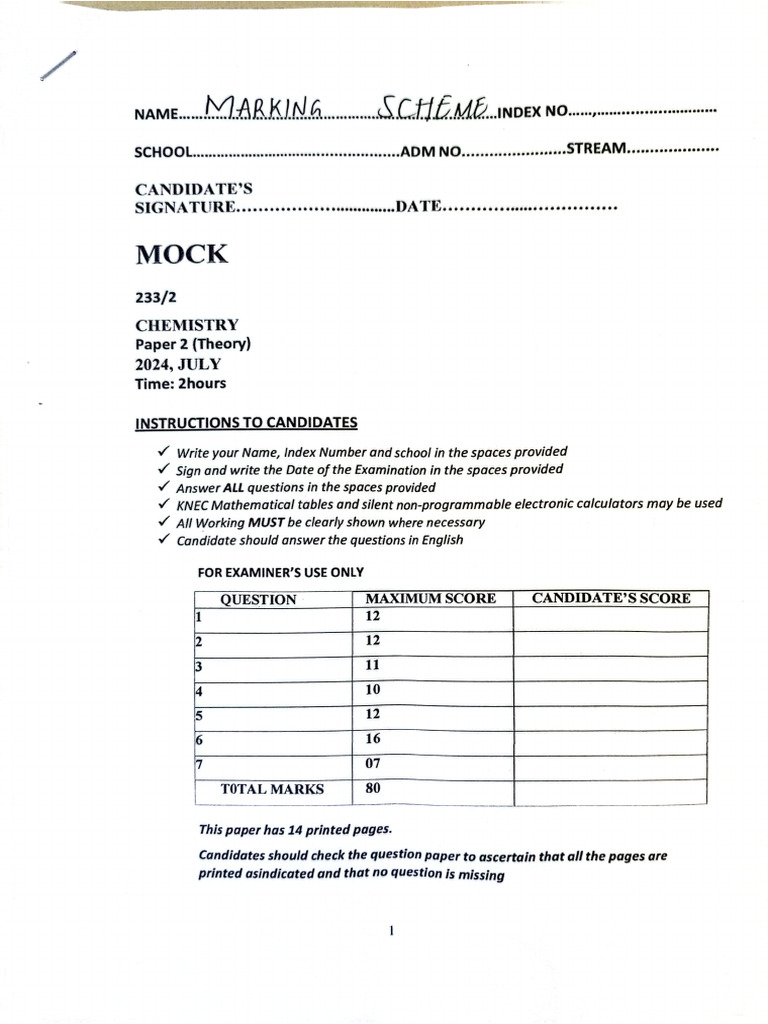 Mock Chem Pp2 Marking Scheme | PDF