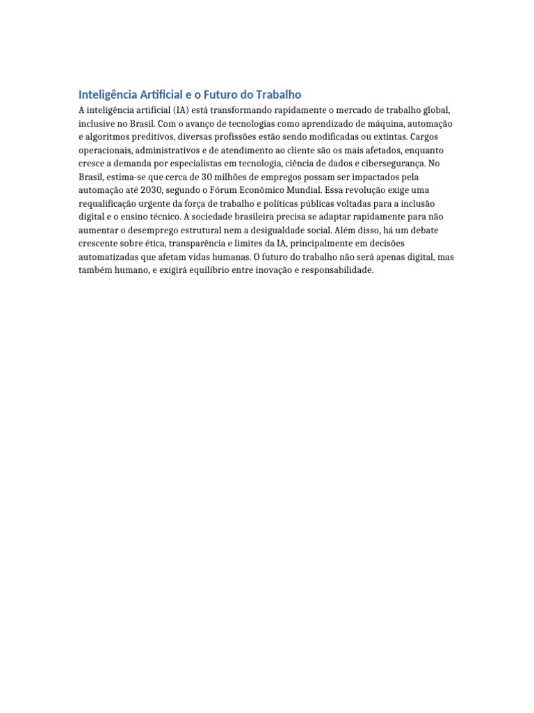Inteligência Artificial e o Futuro Do Trabalho | PDF