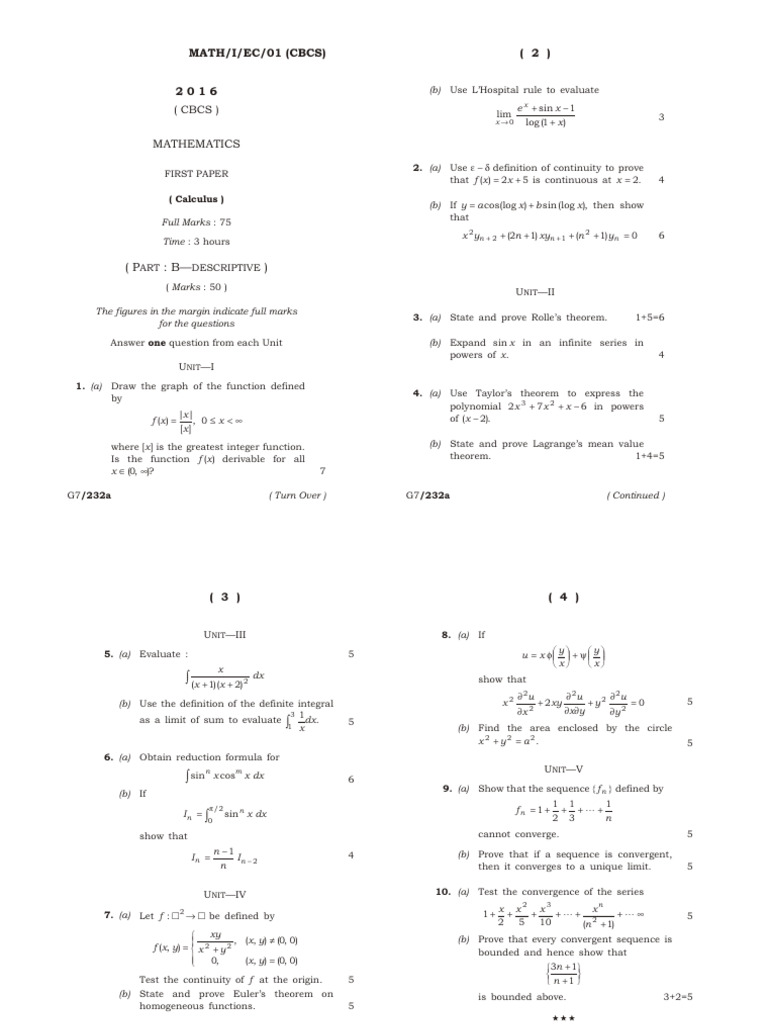 Calculus Exam Paper 2016 - CBCS | PDF | Mathematics | Combinatorics