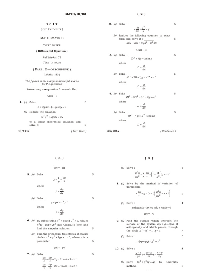 Differential Equations Exam Paper 2017 | PDF | Equations | Mathematics