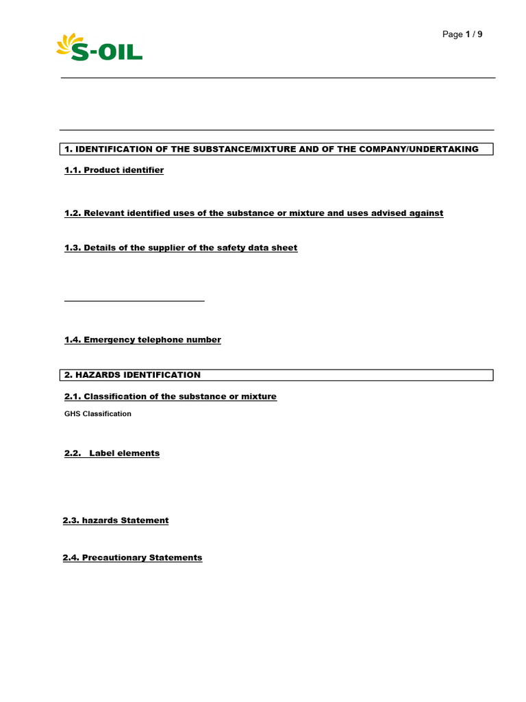 S-OIL SEVEN BLUE #9 CI-4/SL 15W-40 MSDS | PDF | Occupational Safety And ...