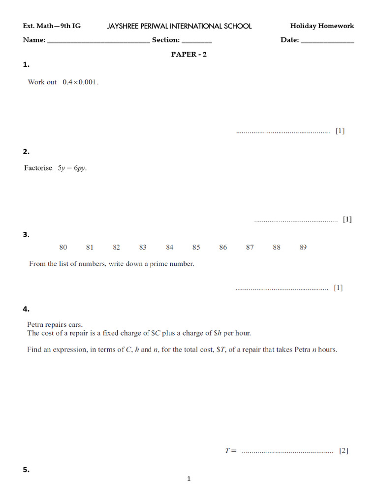 Grade 9 Ext. Math Holiday Homework Worksheet - 22.05.2025 | PDF