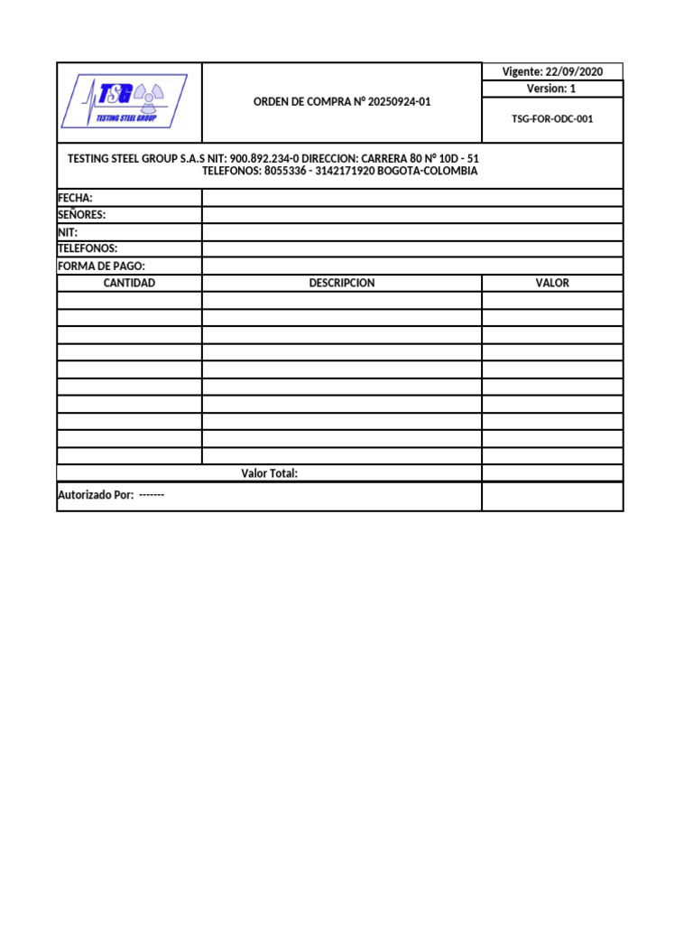 Tsg-For-Odc-001 - Orden de Compra | PDF