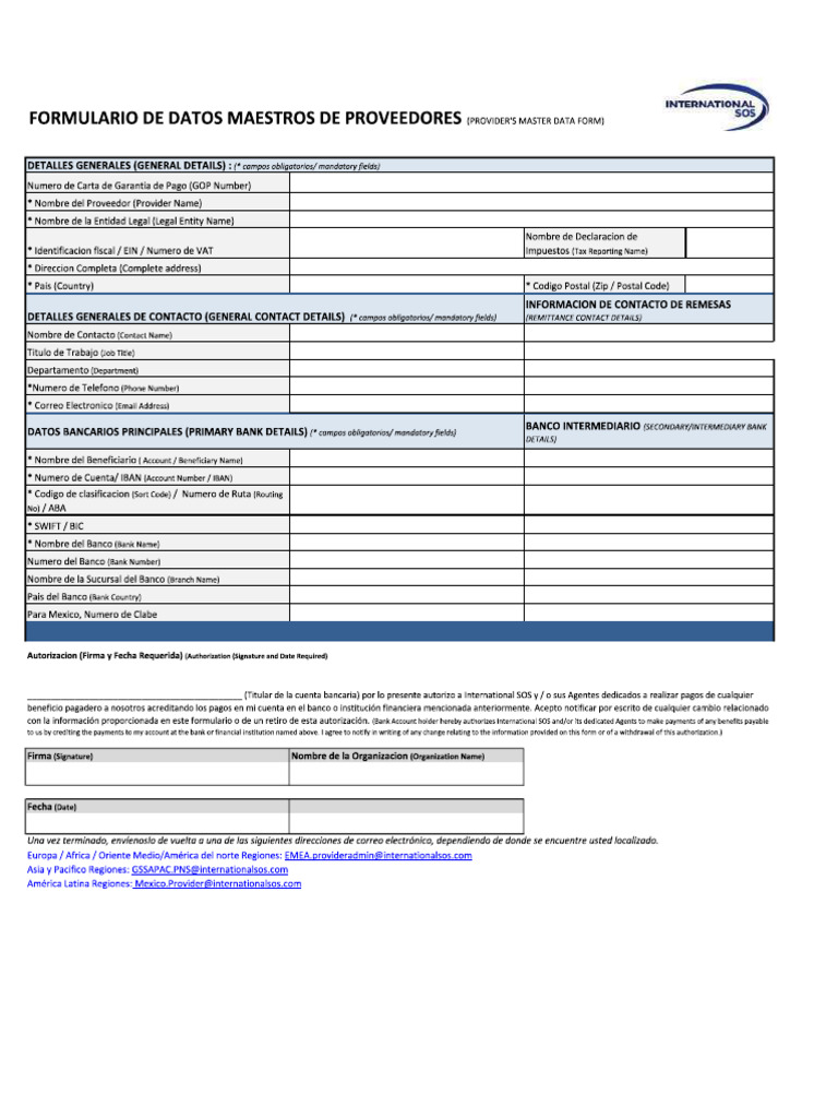 Providers Master Data Form Spanish | PDF
