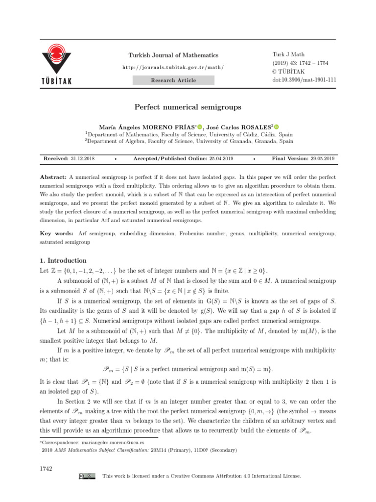 Perfect Numerical Semigroups Explained | PDF | Theorem | Mathematical ...