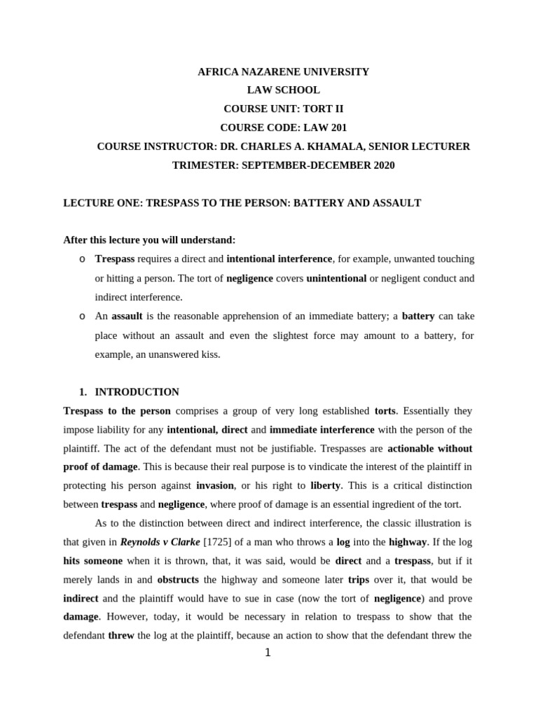 Understanding Trespass: Assault & Battery | PDF | Trespass | Tort
