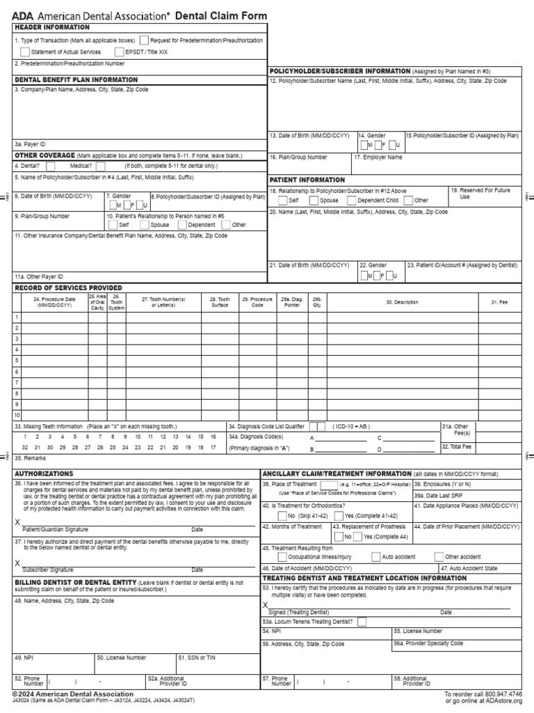 2024 ADA Dental Claim Form Instructions | PDF | Dentistry | Dentist
